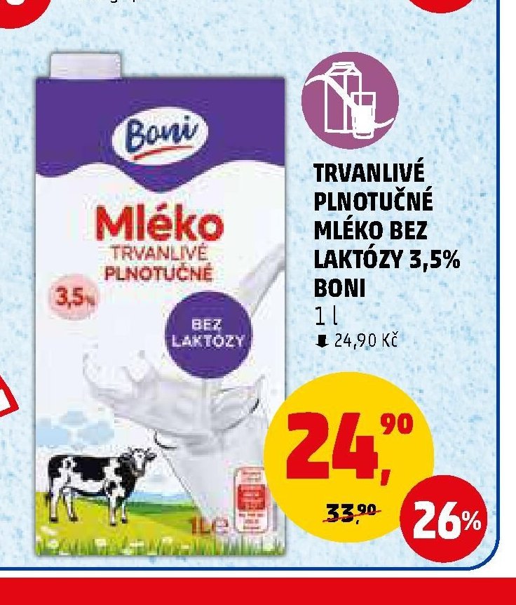 TRVANLIVÉ PLNOTUČNÉ MLÉKO BEZ LAKTÓZY 3,5% BONI