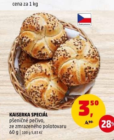 KAISERKA SPECIÁL pšeničné pečivo, ze zmrazeného polotovaru 60 g