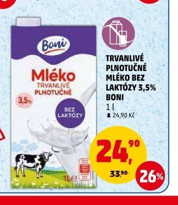 TRVANLIVÉ PLNOTUČNÉ MLÉKO BEZ LAKTÓZY 3,5% BONI