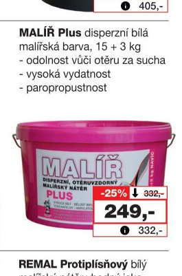 MALÍŘ Plus disperzní bílá malířská barva, 15 + 3 kg