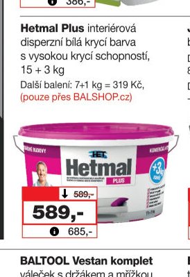 Hetmal Plus interiérová disperzní bílá krycí barva, 15 + 3 kg