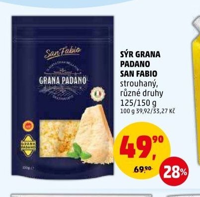 Sýr Grana Padano San Fabio strouhaný, různé druhy 125/150 g