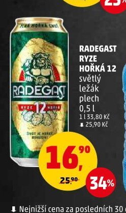 RADEGAST RYZE HOŘKÁ 12 světlý ležák plech 0,5 l