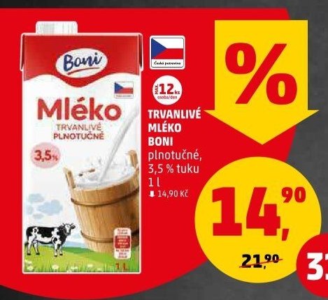 Trvanlivé mléko Boni plnotučné 3,5 % tuku 1 l