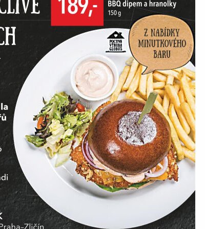 Kuřecí burger se salátkem, BBQ dipem a hranolky