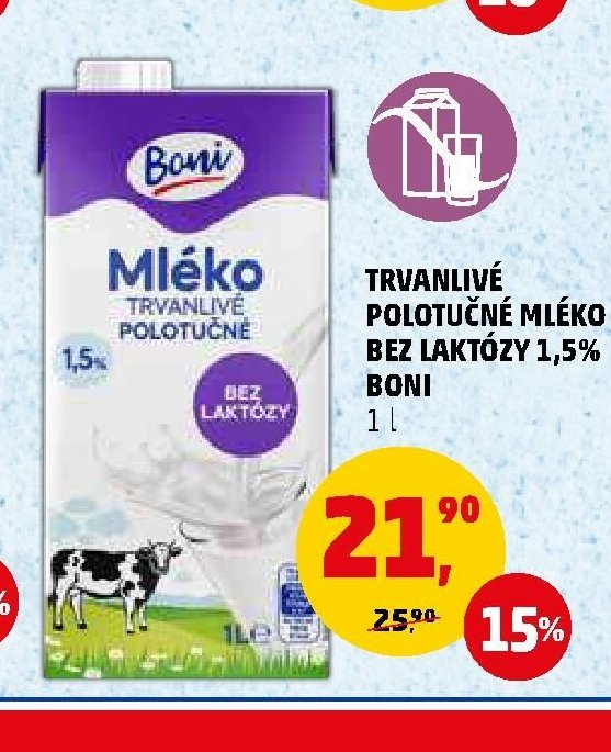 Trvanlivé polotučné mléko bez laktózy Boni