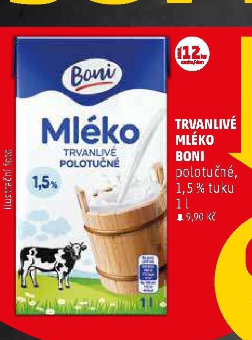 Trvanlivé mléko Boni, 1,5 % tuku, 1 l