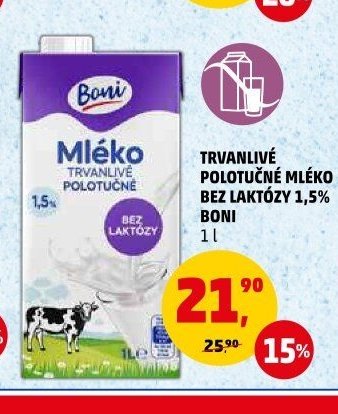TRVANLIVÉ POLOTUČNÉ MLÉKO BEZ LAKTÓZY 1,5% BONI