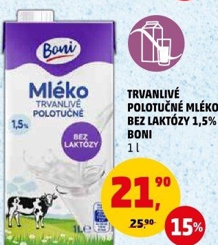 Mléko trvanlivé bez laktózy Boni - 1,5% polotučné