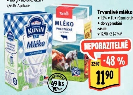 Mléko trvanlivé Mlékárna Kunín - 1,5% polotučné