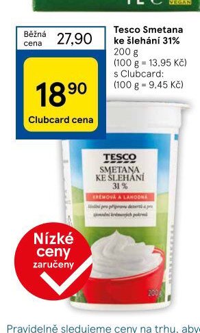 Tesco Smetana ke šlehání 31% 200 g