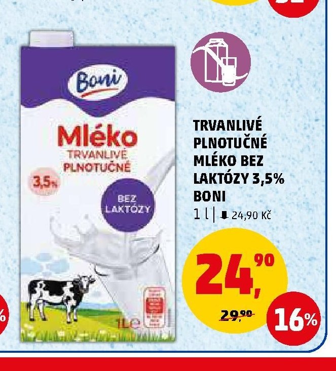 TRVANLIVÉ PLNOTUČNÉ MLÉKO BEZ LAKTÓZY 3,5% BONI