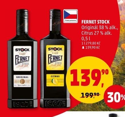 FERNET STOCK Originál 38 % alk., Citrus 27 % alk., 0,5 l
