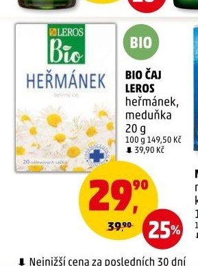 BIO ČAJ LEROS heřmánek, meduňka 20 g