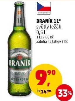 Pivo světlý ležák 11° Jedenáctka Braník