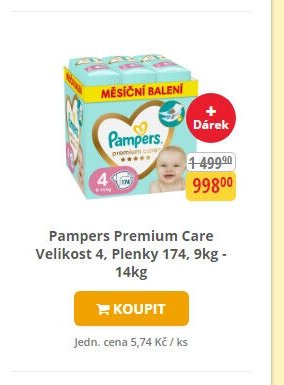Pampers Premium Care Velikost 4, Plenky 174, 9kg - 14kg