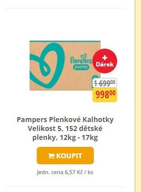 Pampers Plenkové Kalhotky Velikost 5, 152 dětské plenky, 12kg - 17kg