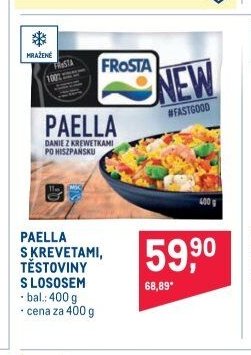 Paella s krevetami, těstoviny s lososem