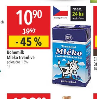 Bohemilk Mléko trvanlivé polotučné 1,5 % 1 l