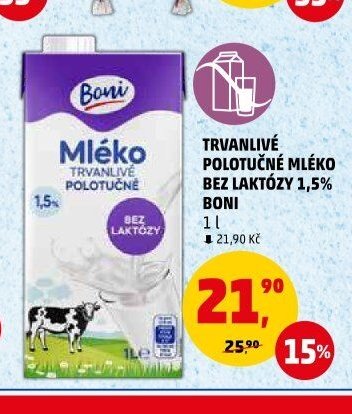 TRVANLIVÉ POLOTUČNÉ MLÉKO BEZ LAKTÓZY 1,5% BONI