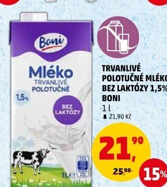 Mléko trvanlivé bez laktózy Boni - 1,5% polotučné