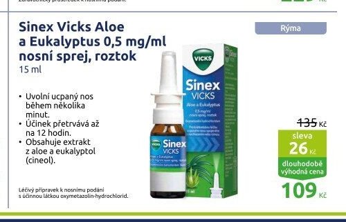 Sinex Vicks Aloe a Eukalyptus 0,5 mg/ml nosní sprej, roztok