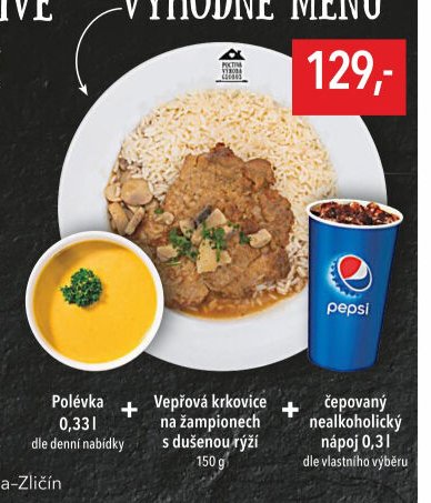 Výhodné menu (Polévka, Vepřová krkovice na žampionech s dušenou rýží, čepovaný nealkoholický nápoj)