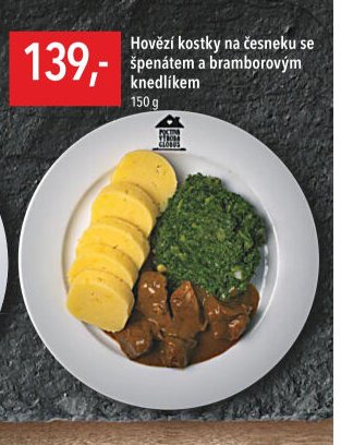 Hovězí kostky na česneku se špenátem a bramborovým knedlíkem