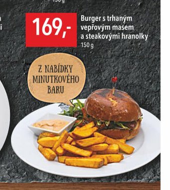 Burger s trhaným vepřovým masem a steakovými hranolky 150 g