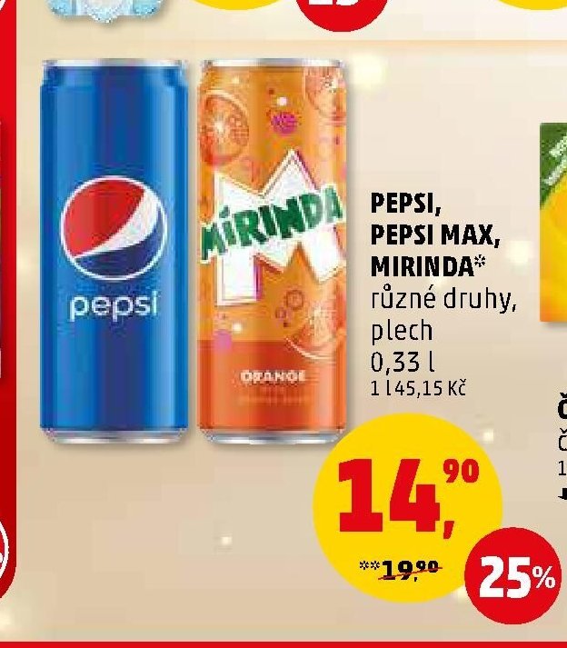 PEPSI, PEPSI MAX, MIRINDA různé druhy, plech