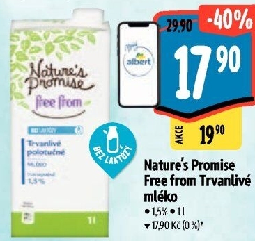 Mléko trvanlivé bez laktózy Free From Nature'