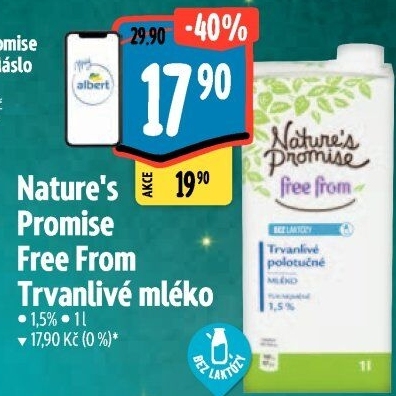 Mléko trvanlivé bez laktózy Free From Nature'