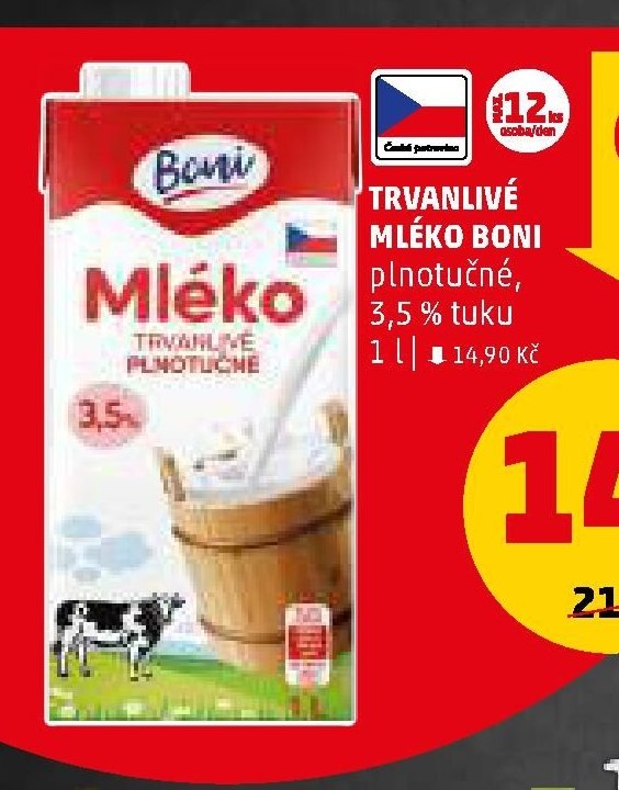 TRVANLIVÉ MLÉKO BONI plnotučné 3,5 % tuku, 1 l