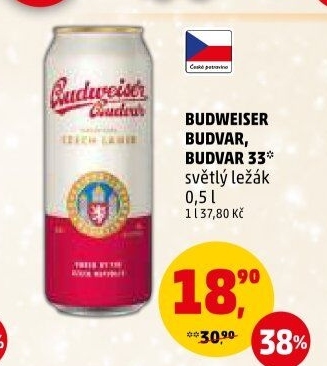 Pivo světlý ležák Budweiser Budvar