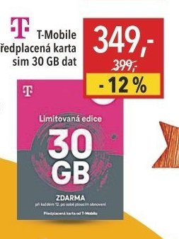T-Mobile předplacená karta sim 30 GB dat
