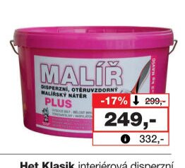 MALÍŘ Plus disperzní bílá malířská barva, 15 + 3 kg