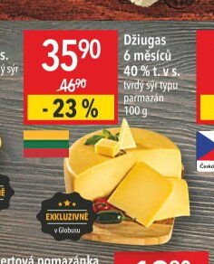Džiugas 6 měsíců 40 % t. v s. tvrdý sýr typu parmazán