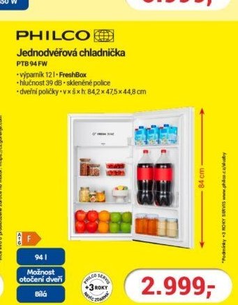 PHILCO Jednodvéřová chladnička PTB 94 FW