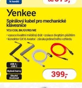 Yenkee Spirálový kabel pro mechanické klávesnice YCU COIL BK/GY/RD/WE