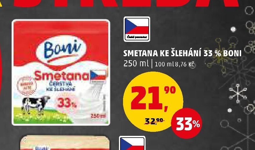 Smetana ke šlehání 33 % Boni 250 ml