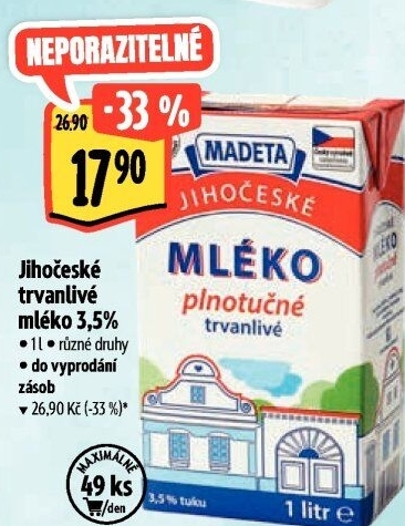Mléko trvanlivé Jihočeské Madeta - 3,5% plnotučné