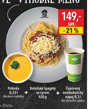 Výhodné menu (Polévka, Boloňské špagety, Čepovaný nealkoholický nápoj)