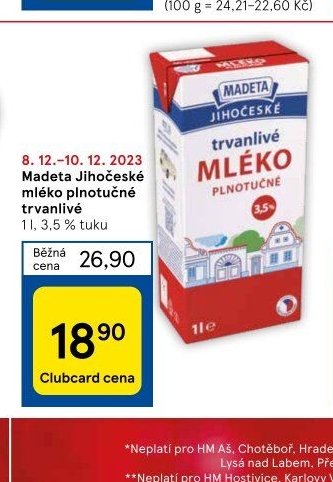 Madeta Jihočeské mléko plnotučné trvanlivé