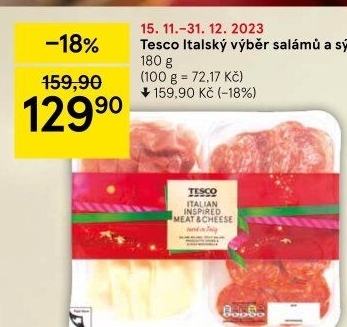 Výběr italských salámů a sýrů Tesco