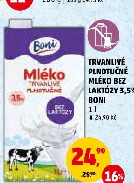 Mléko trvanlivé bez laktózy - 3,5% plnotučné Boni