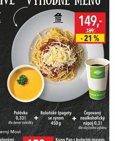 Výhodné menu (Polévka, Boloňské špagety, Čepovaný nealkoholický nápoj)