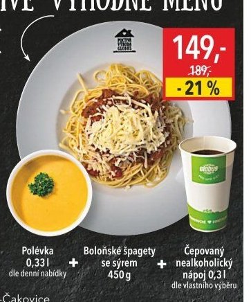 Výhodné menu (Polévka, Boloňské špagety se sýrem, Čepovaný nealkoholický nápoj)