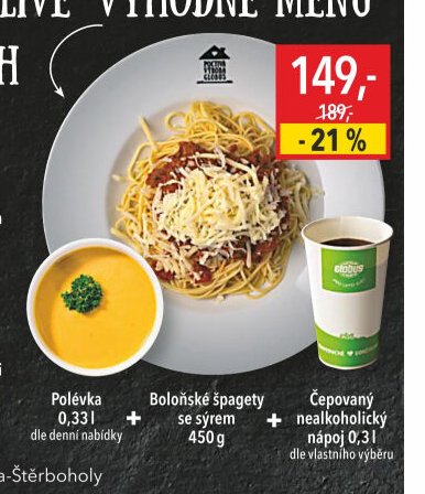Výhodné menu (Polévka, Boloňské špagety se sýrem, Čepovaný nealkoholický nápoj)