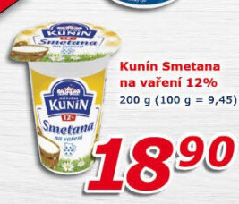 Smetana na vaření Mlékárna Kunín 12%