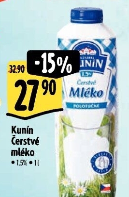 Mléko čerstvé Mlékárna Kunín - 1,5% polotučné